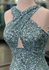 Sheath/Column Halter Sleeveless Sweep Train Velvet Sequins Prom Dress/Evening Dress With Split