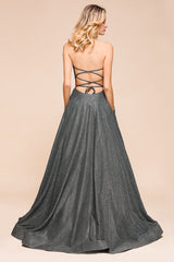Shinning Strapless Long Prom Dress Lace-up Evening Gowns With Split