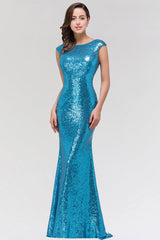 Shinny Sequined Long Mermaid Blue Affordable Bridesmaid Dress