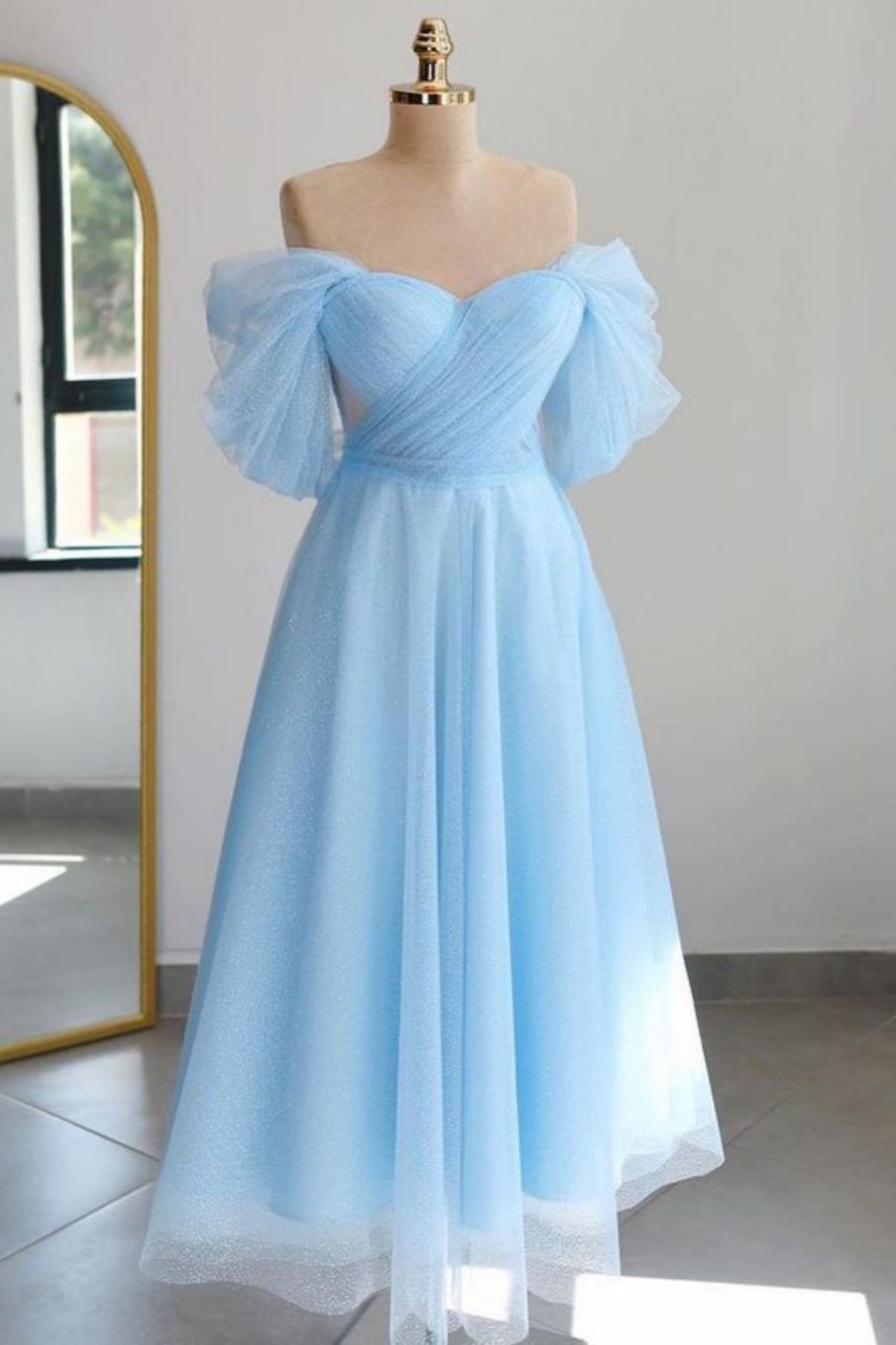 Shiny Tulle Off-the-Shoulder Light Blue Tea-Length Prom Dress