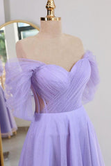 Shiny Tulle Off-the-Shoulder Light Blue Tea-Length Prom Dress