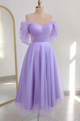 Shiny Tulle Off-the-Shoulder Light Blue Tea-Length Prom Dress