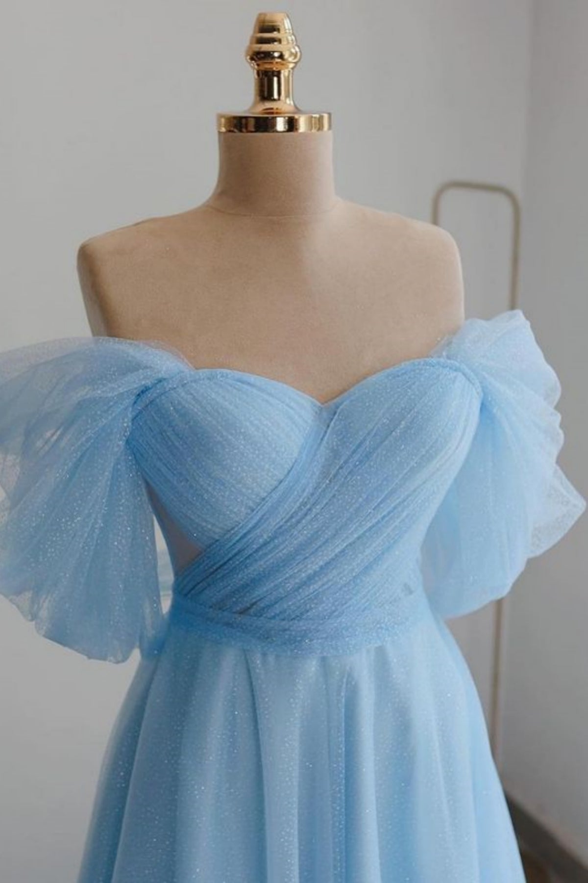 Shiny Tulle Off-the-Shoulder Light Blue Tea-Length Prom Dress