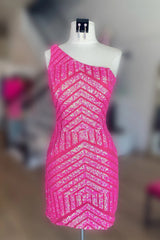 Hot Pink Sheath One-Shoulder Sequined Short Homecoming Dress