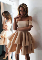 Short/Mini Satin Homecoming Dress with Ruffles and A-line Off-the-Shoulder Sleeves