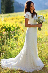 Short Sleeves Lace Boho Wedding Dress On Sale