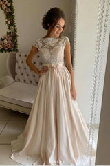 Short Sleeves Long Wedding Dress With Appliques