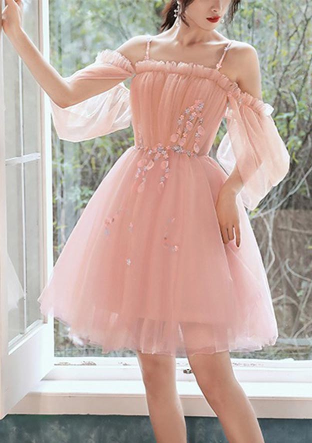 Short/Mini Tulle Homecoming Dress with Beading Pleated A-Line Square Neckline Short Sleeve