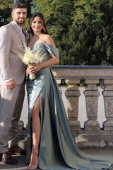 Silver Grey Off-the-Shoulder Prom Dress Split With Appliques