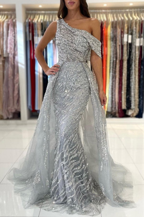 Silver Grey One Shoulder Prom Dress Overskirt With Sequins Beadings