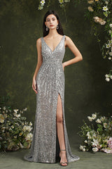 Silver Sequins Bridesmaid Dress V-Neck Sleeveless With Slit