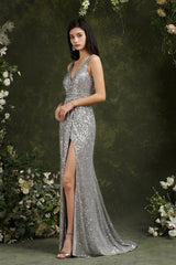 Silver Sequins Bridesmaid Dress V-Neck Sleeveless With Slit