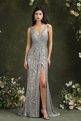 Silver Sequins Bridesmaid Dress V-Neck Sleeveless With Slit