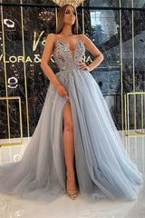 Silver V-Neck Tulle Prom Dress Sleeveless Slit With Beads