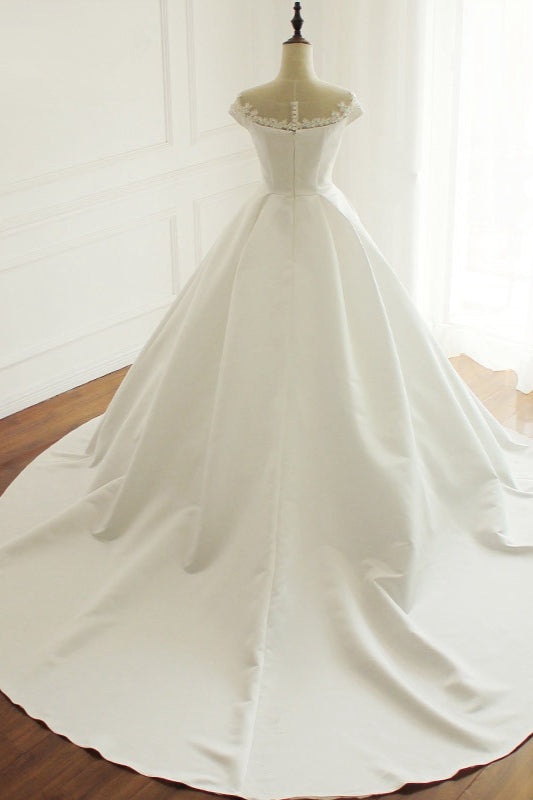 Simple A-Line Satin Jewel Ruffle Wedding Dress Tulle Lace Appliques Sleeveless Bridal Gowns On Sale