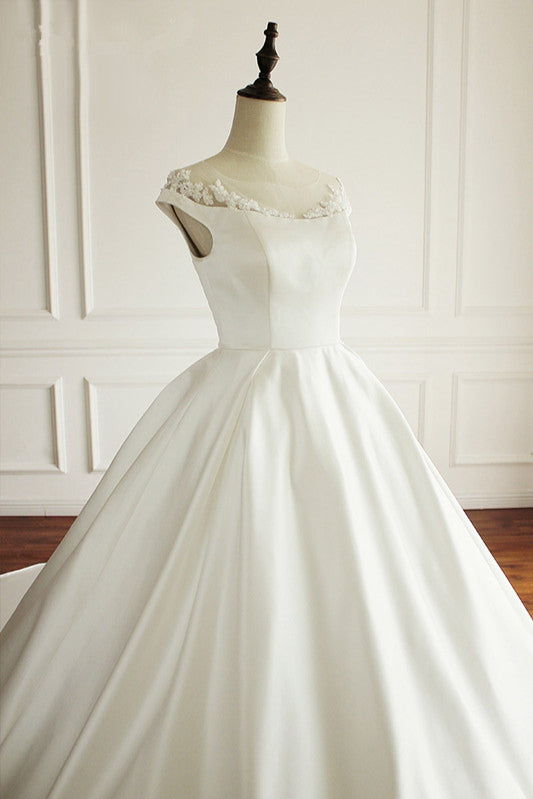 Simple A-Line Satin Jewel Ruffle Wedding Dress Tulle Lace Appliques Sleeveless Bridal Gowns On Sale