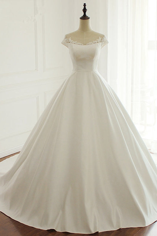 Simple A-Line Satin Jewel Ruffle Wedding Dress Tulle Lace Appliques Sleeveless Bridal Gowns On Sale