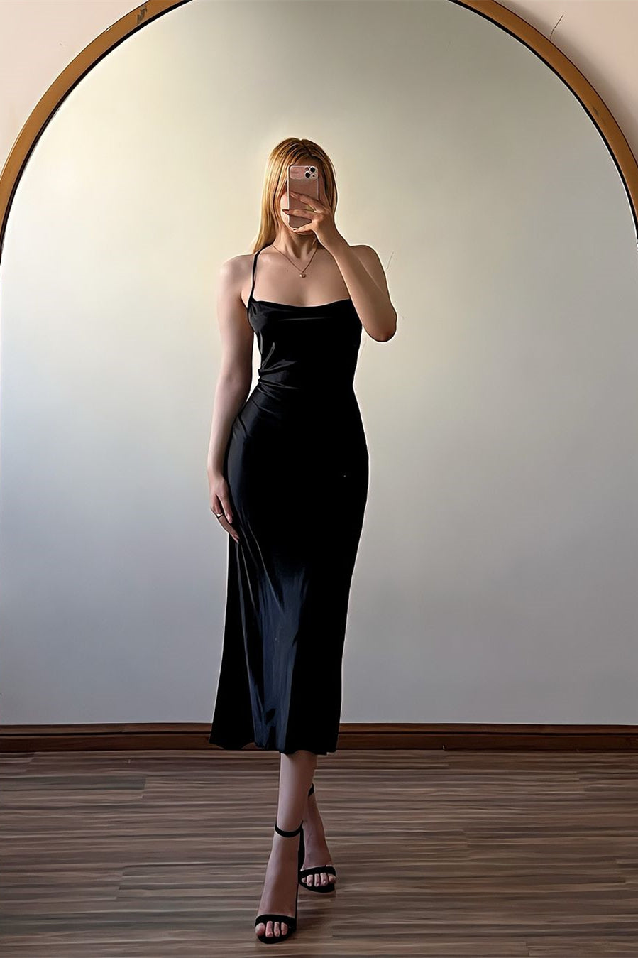 Minimalist Black Spaghetti Strap Satin Sleeveless Backless Prom Dress