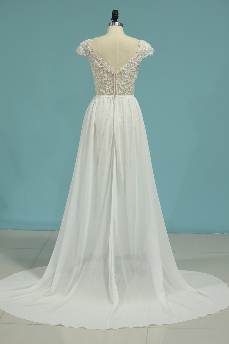 Simple Chiffon Ruffles Lace Wedding Dress Appliques Cap Sleeves V-neck Beadings Bridal Gowns On Sale