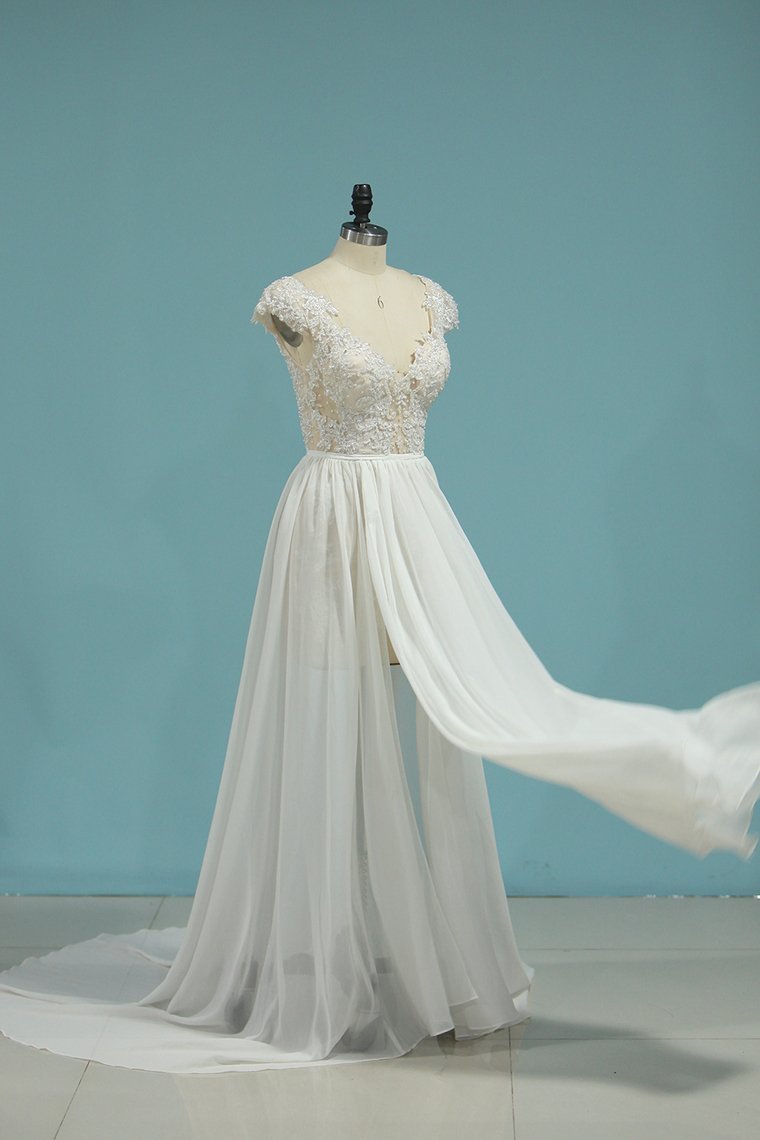 Simple Chiffon Ruffles Lace Wedding Dress Appliques Cap Sleeves V-neck Beadings Bridal Gowns On Sale