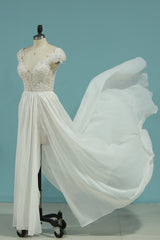 Simple Chiffon Ruffles Lace Wedding Dress Appliques Cap Sleeves V-neck Beadings Bridal Gowns On Sale