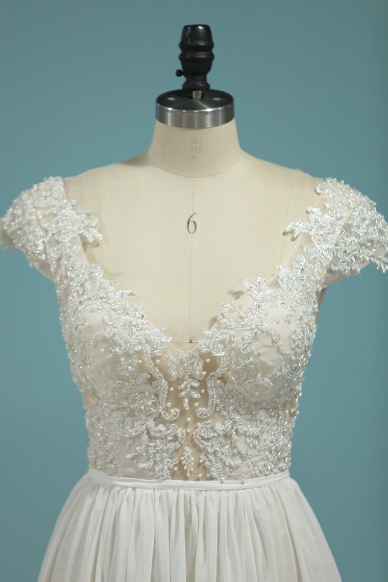 Simple Chiffon Ruffles Lace Wedding Dress Appliques Cap Sleeves V-neck Beadings Bridal Gowns On Sale