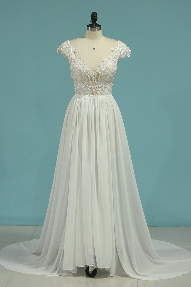 Simple Chiffon Ruffles Lace Wedding Dress Appliques Cap Sleeves V-neck Beadings Bridal Gowns On Sale