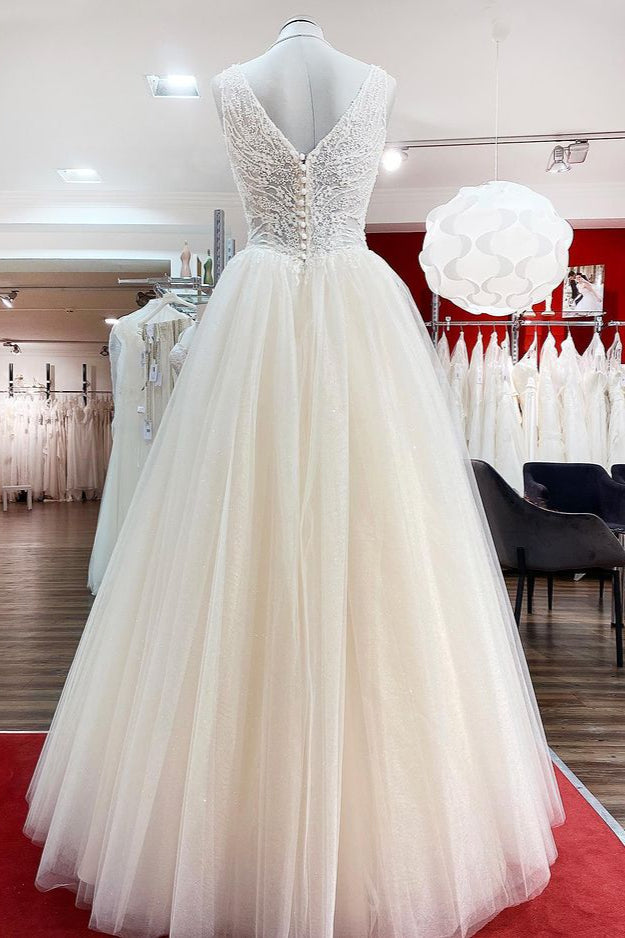 Simple Ivory Tulle Lace Ruffles A-Line Wedding Dresses