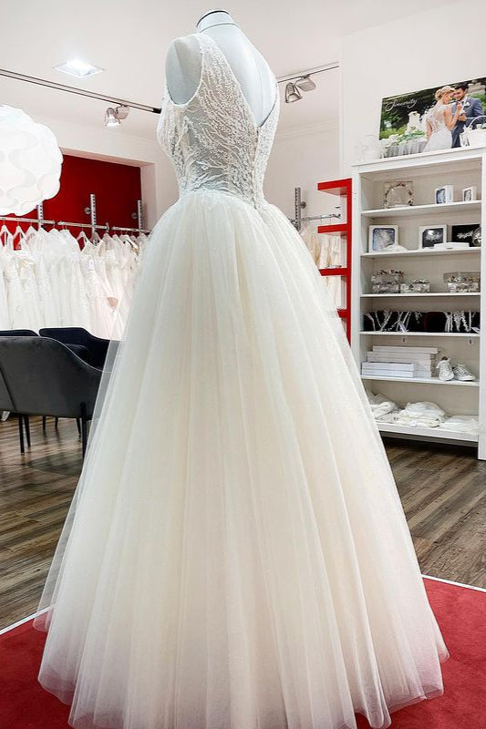 Simple Ivory Tulle Lace Ruffles A-Line Wedding Dresses