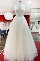 Simple Ivory Tulle Lace Ruffles A-Line Wedding Dresses