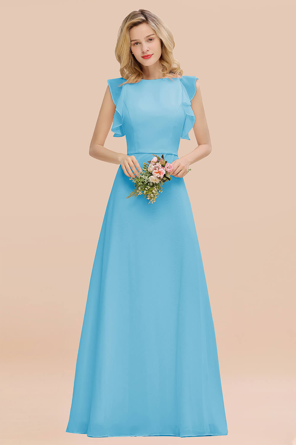 Simple Jewel Draped Sleeves Blushing Pink Bridesmaid Dress Online