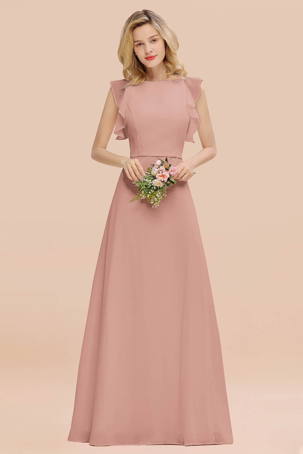 Simple Jewel Draped Sleeves Blushing Pink Bridesmaid Dress Online