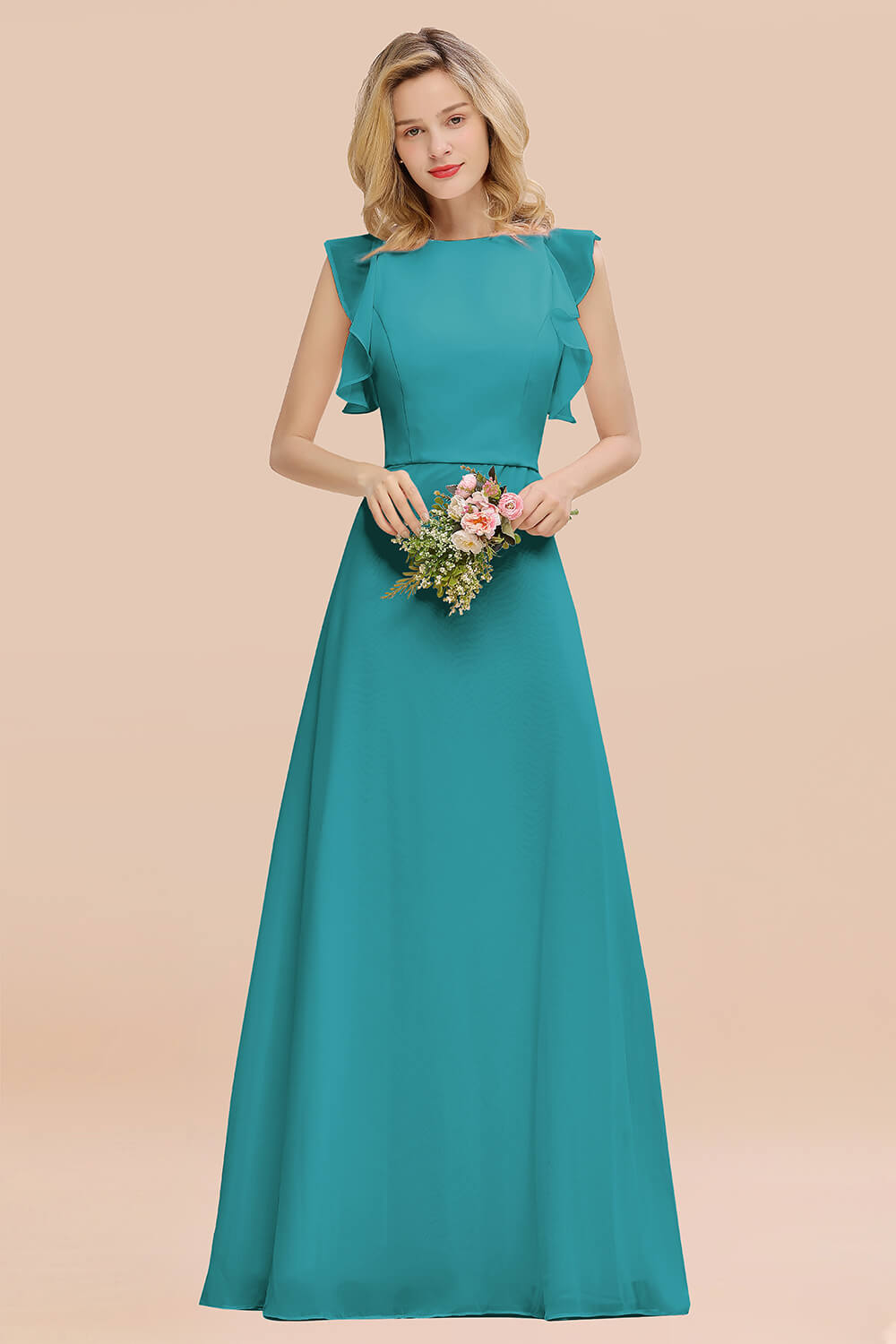 Simple Jewel Draped Sleeves Blushing Pink Bridesmaid Dress Online