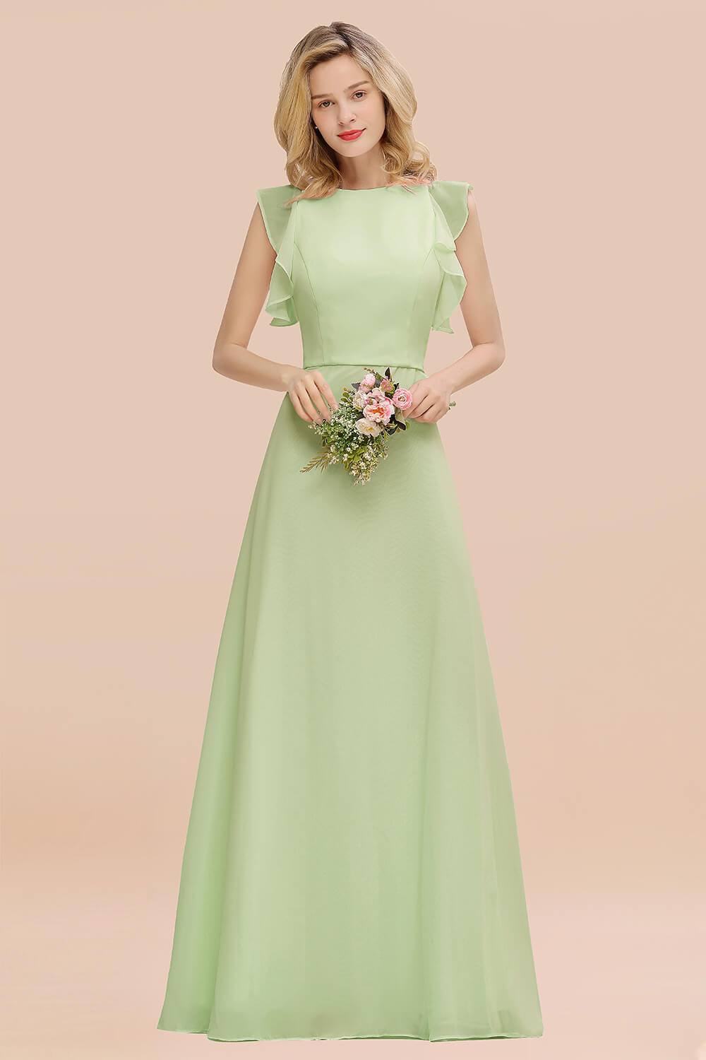 Simple Jewel Draped Sleeves Blushing Pink Bridesmaid Dress Online