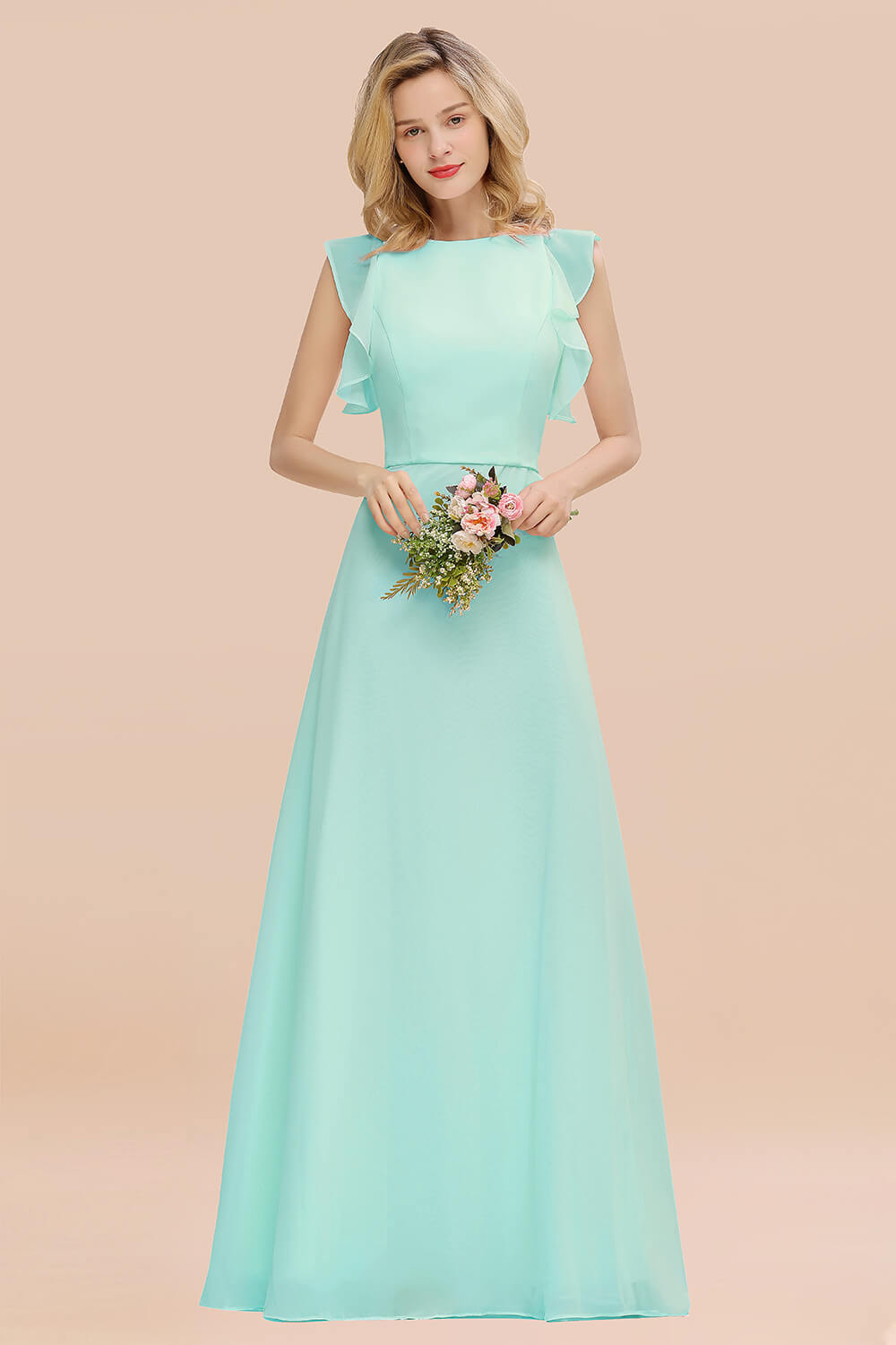 Simple Jewel Draped Sleeves Blushing Pink Bridesmaid Dress Online