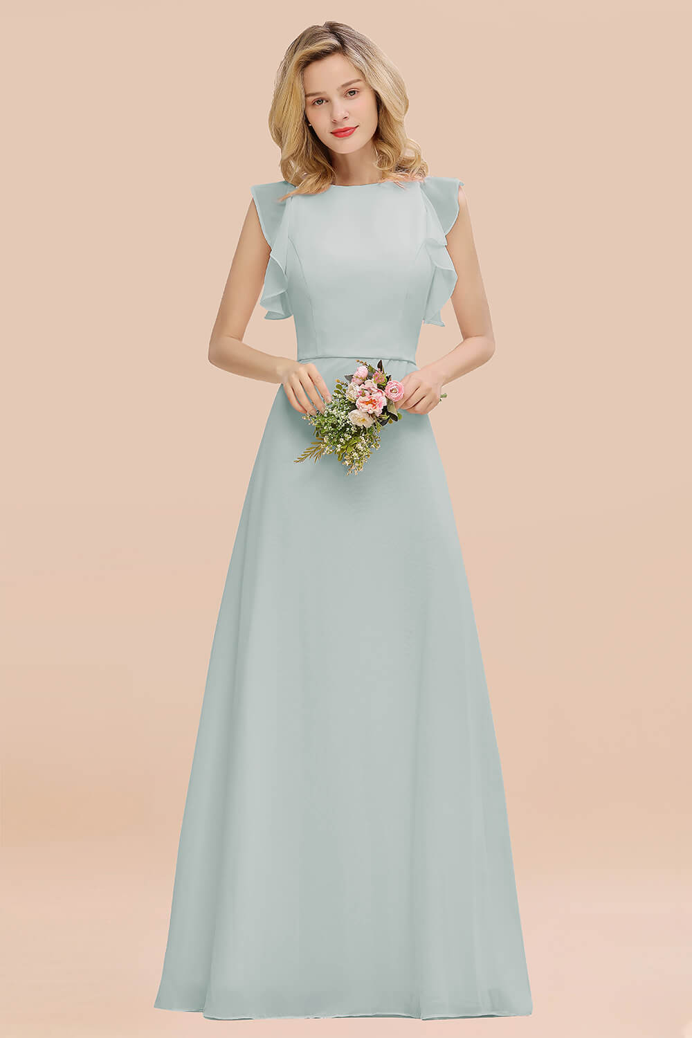 Simple Jewel Draped Sleeves Blushing Pink Bridesmaid Dress Online