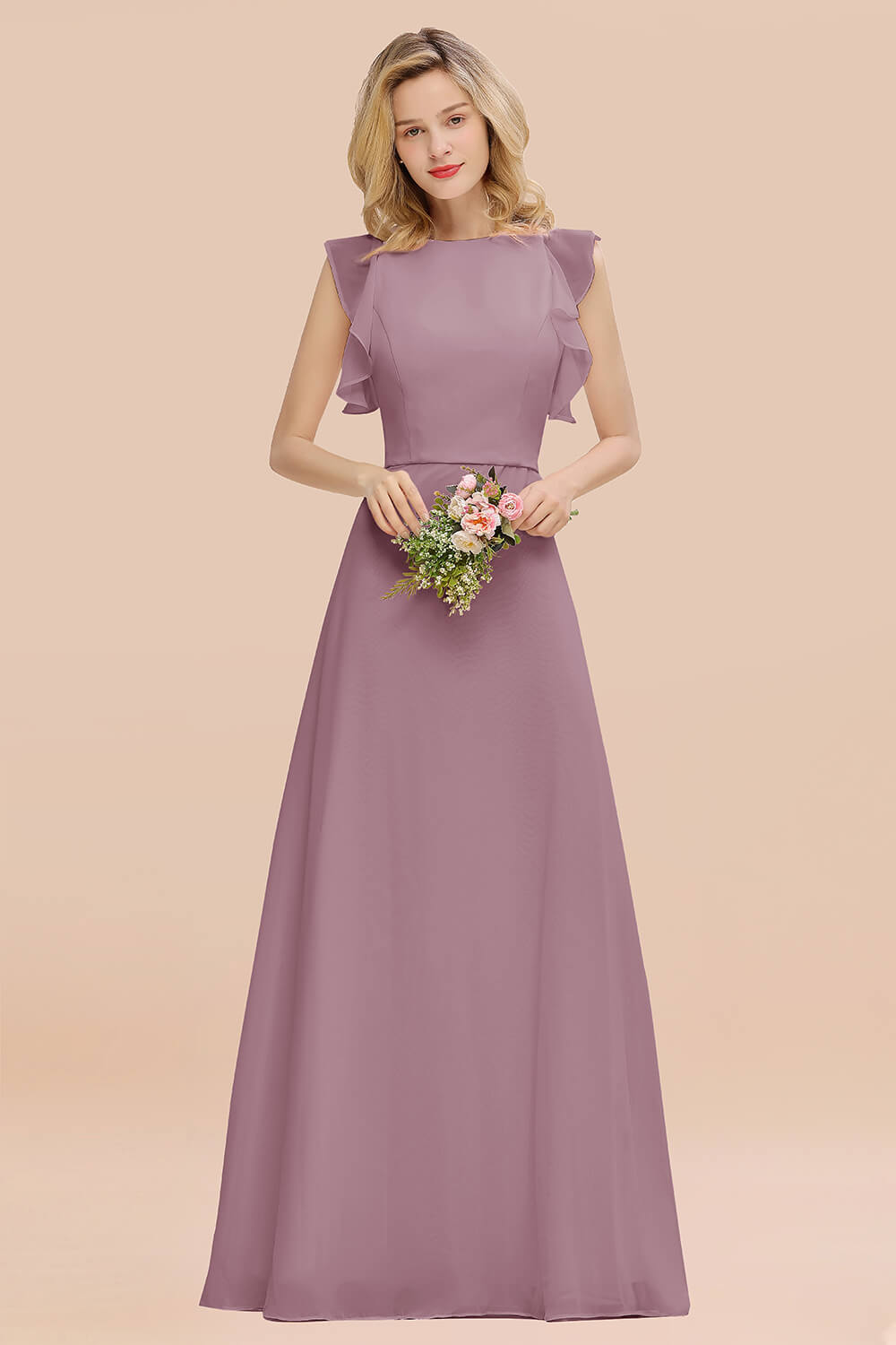 Simple Jewel Draped Sleeves Blushing Pink Bridesmaid Dress Online