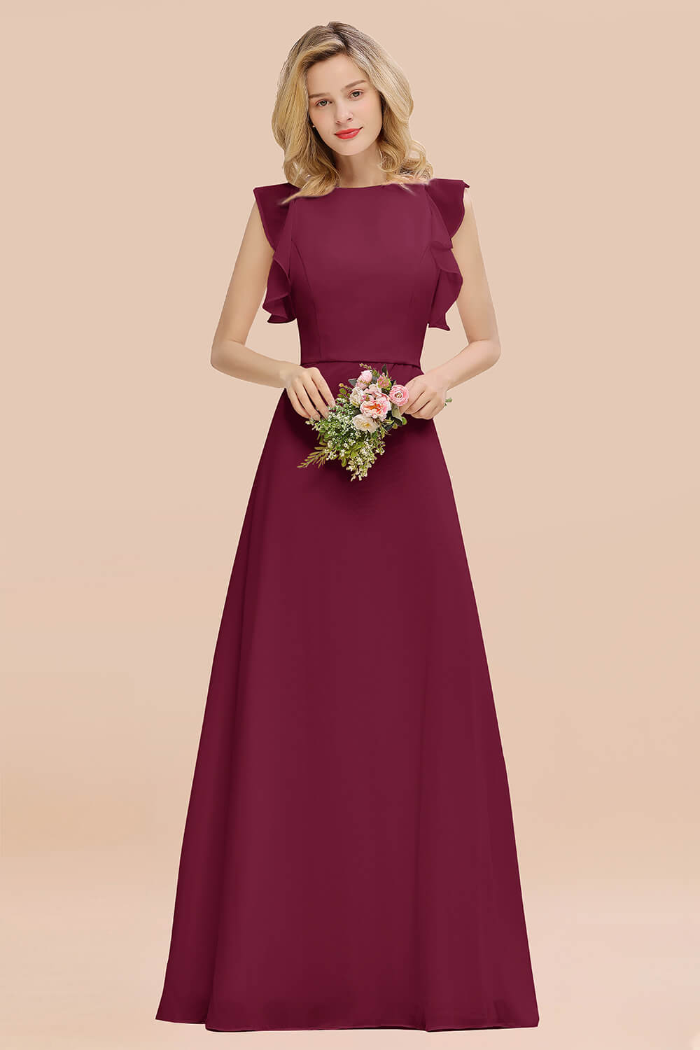 Simple Jewel Draped Sleeves Blushing Pink Bridesmaid Dress Online