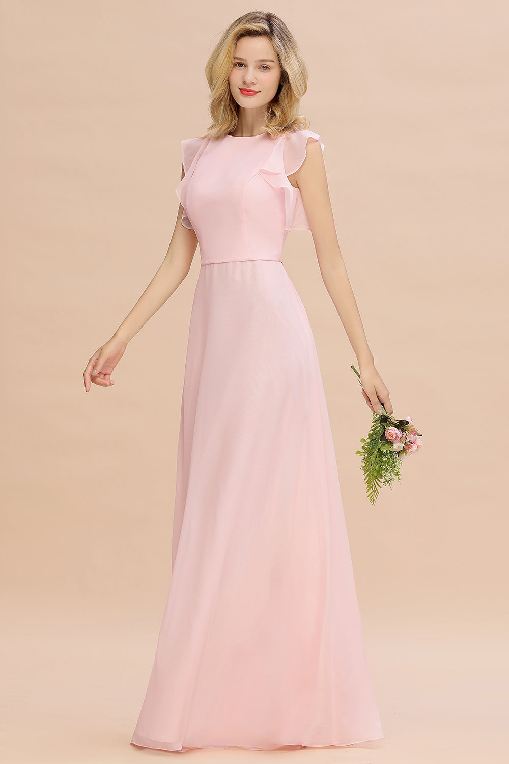 Simple Jewel Draped Sleeves Blushing Pink Bridesmaid Dress Online