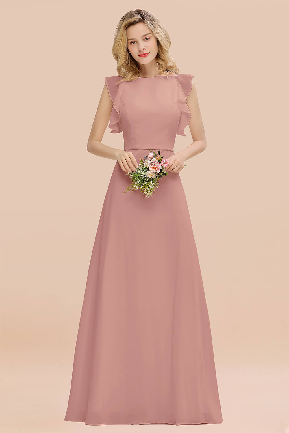 Simple Jewel Draped Sleeves Blushing Pink Bridesmaid Dress Online