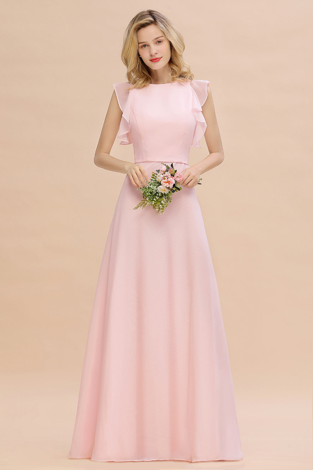 Simple Jewel Draped Sleeves Blushing Pink Bridesmaid Dress Online