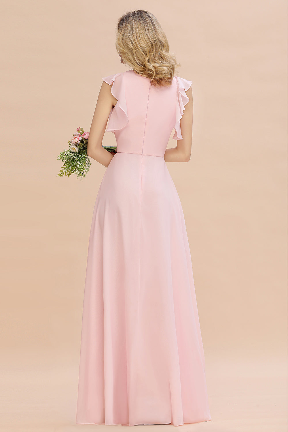 Simple Jewel Draped Sleeves Blushing Pink Bridesmaid Dress Online