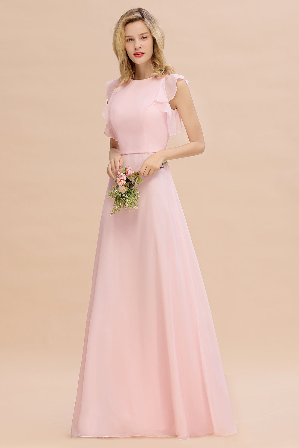 Simple Jewel Draped Sleeves Blushing Pink Bridesmaid Dress Online