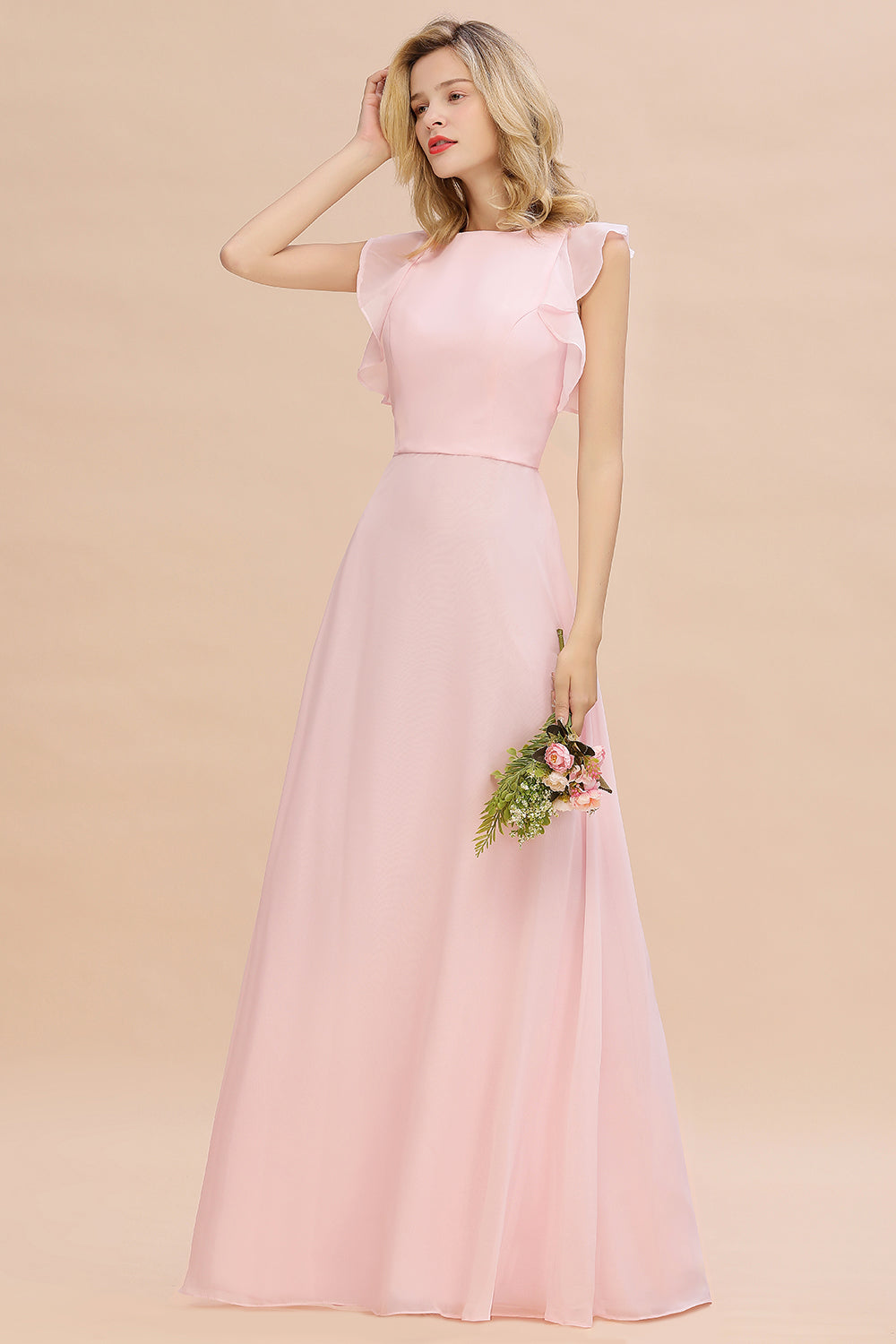 Simple Jewel Draped Sleeves Blushing Pink Bridesmaid Dress Online