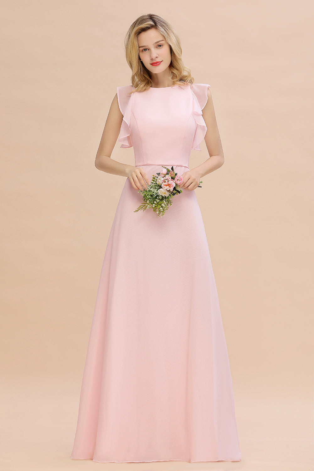 Simple Jewel Draped Sleeves Blushing Pink Bridesmaid Dress Online