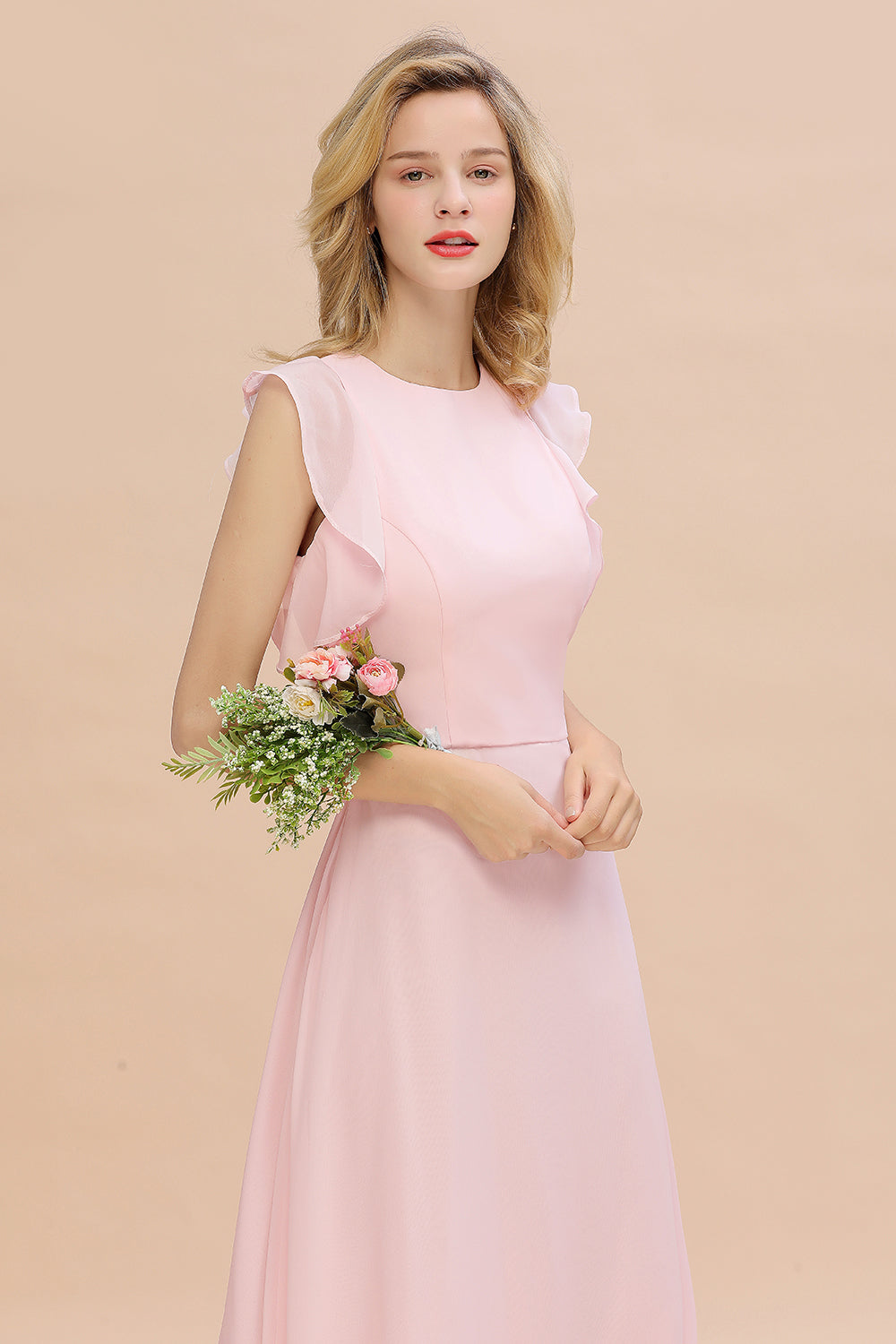 Simple Jewel Draped Sleeves Blushing Pink Bridesmaid Dress Online