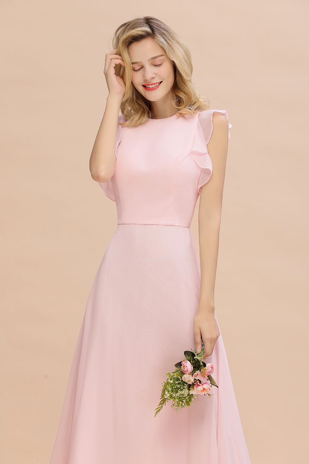 Simple Jewel Draped Sleeves Blushing Pink Bridesmaid Dress Online