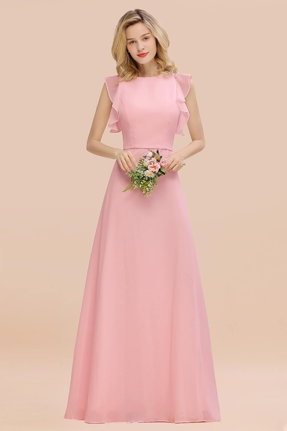 Simple Jewel Draped Sleeves Blushing Pink Bridesmaid Dress Online