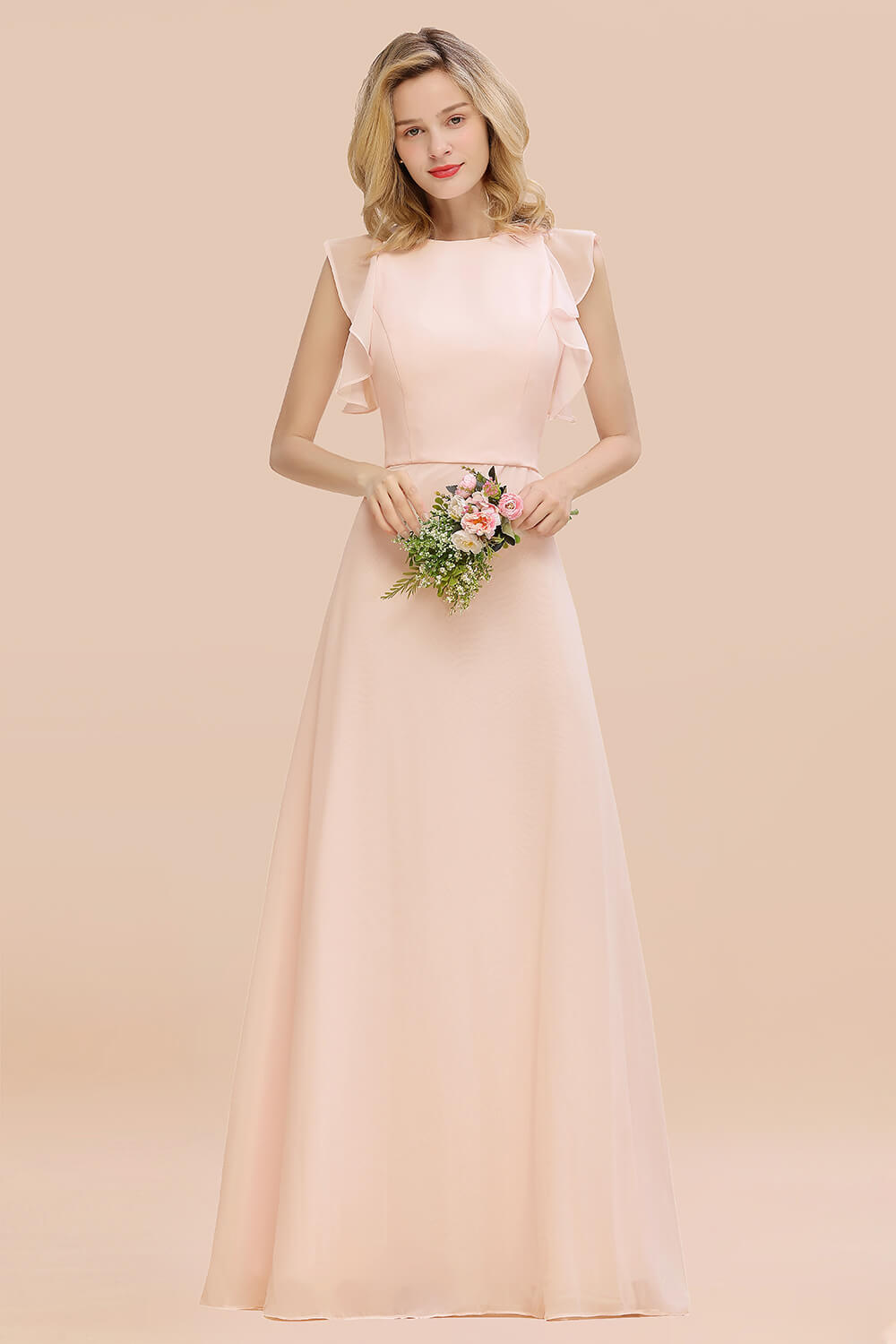 Simple Jewel Draped Sleeves Blushing Pink Bridesmaid Dress Online