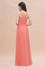 Simple Jewel Sleeveless Coral Chiffon Bridesmaid Dress Online